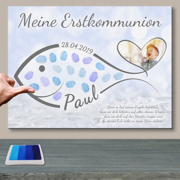 Personalisierte Leinwand FISCH mit Foto Name Datum Fingerabdruck - Geschenk zur KOMMUNION oder TAUFE