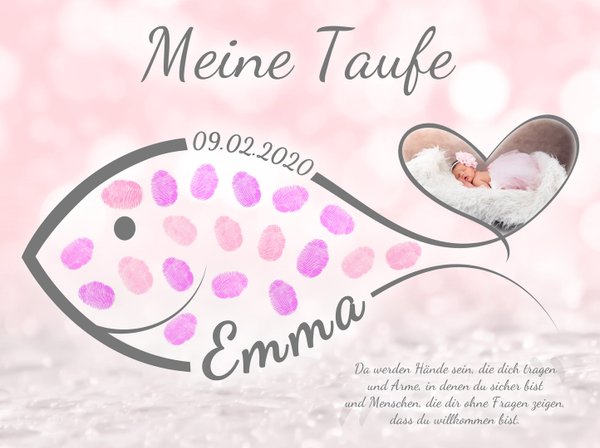 Personalisiertes Bild FISCH mit Foto Name Datum Fingerabdrücke Spruch - Geschenk zur KOMMUNION TAUFE